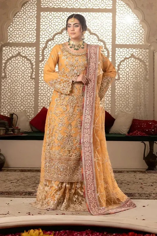 Imrozia Premium Jhoomer Wedding Formals Orange Net – view 1 – Poshaq