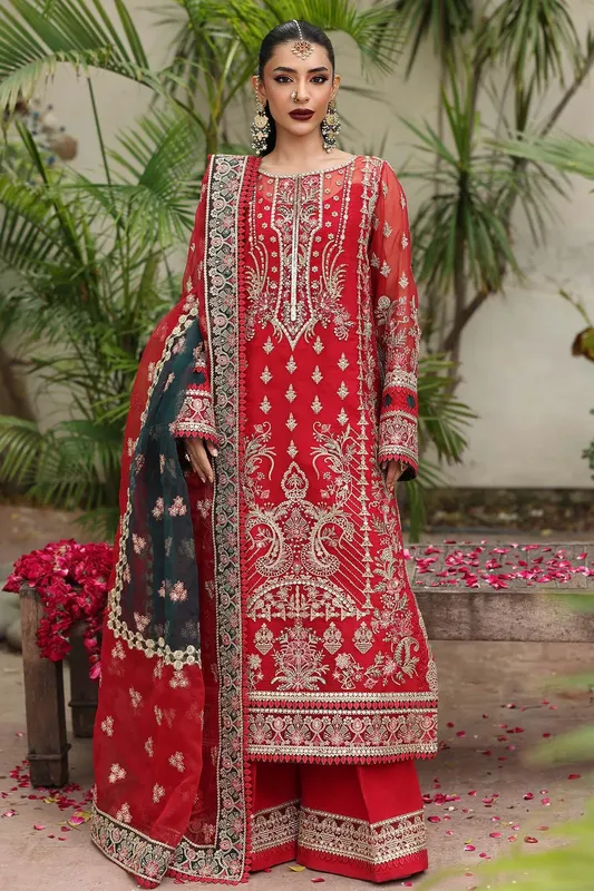 Red long shirt in raw silk and organza with subtle embellishments – view 1 – Poshaq