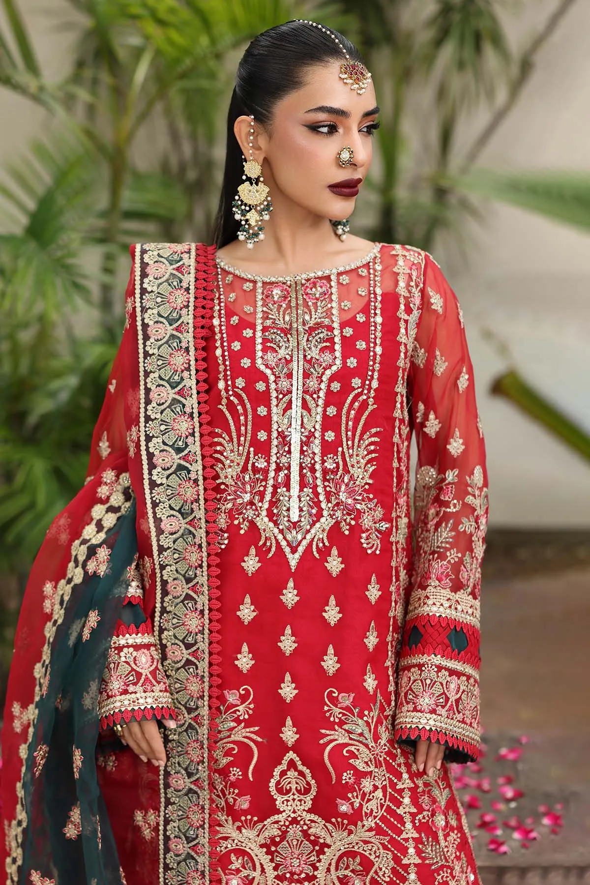 Red long shirt in raw silk and organza with subtle embellishments – view 2 – Poshaq