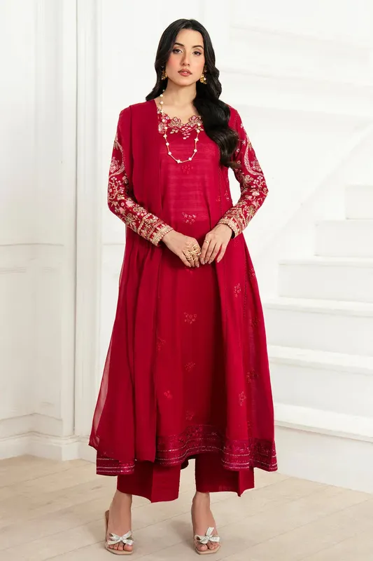 Imrozia Premium Kianna Casuals cherry red Chiffon – view 1 – Poshaq