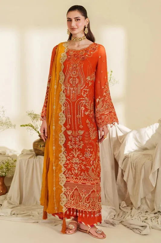 Imrozia Premium Noore Formals Pinkish Orange Raw Silk – view 1 – Poshaq