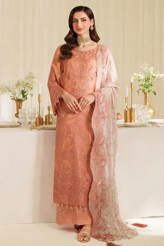 Imrozia Premium Noore Formals Peach Pink Raw Silk – view 1 – Poshaq