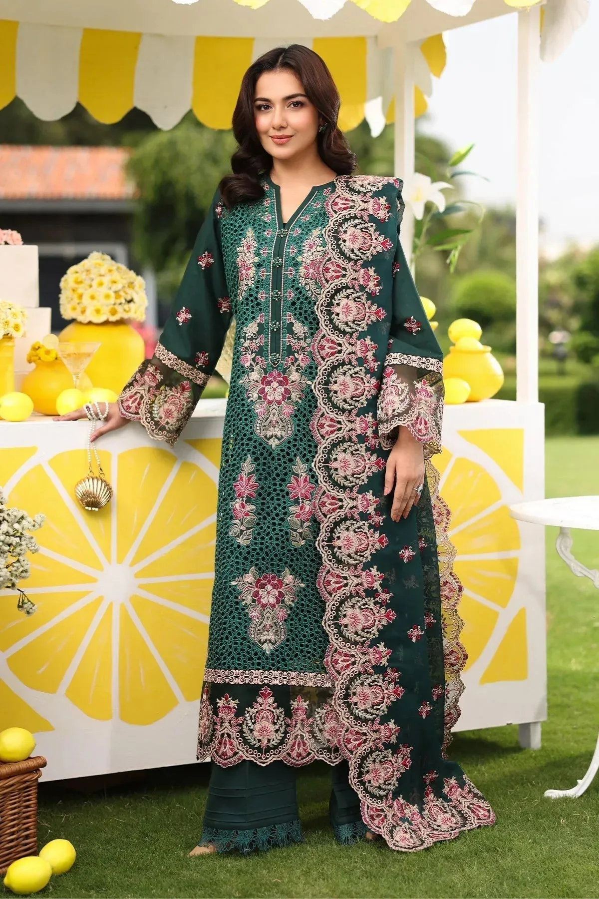 Imrozia Premium Hayam Luxury Lawn 25 Teal Green Organza – view 1 – Poshaq