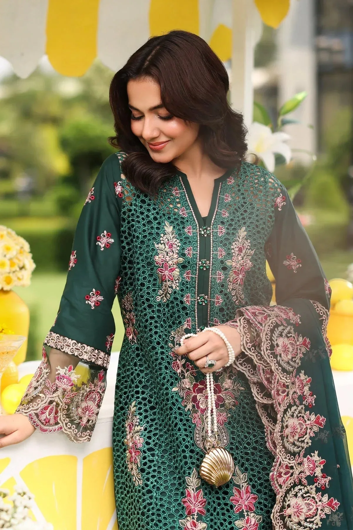 Imrozia Premium Hayam Luxury Lawn 25 Teal Green Organza – view 3 – Poshaq