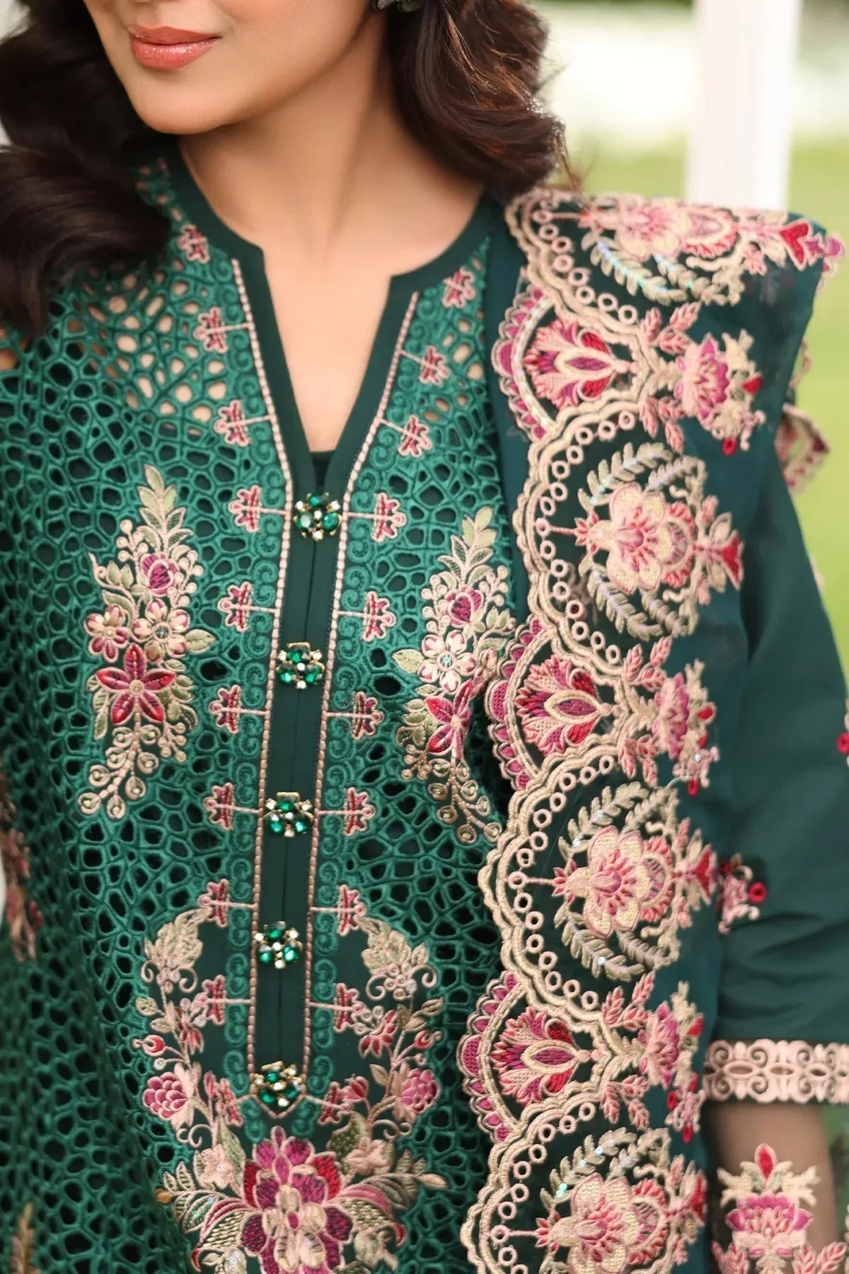 Imrozia Premium Hayam Luxury Lawn 25 Teal Green Organza – view 4 – Poshaq