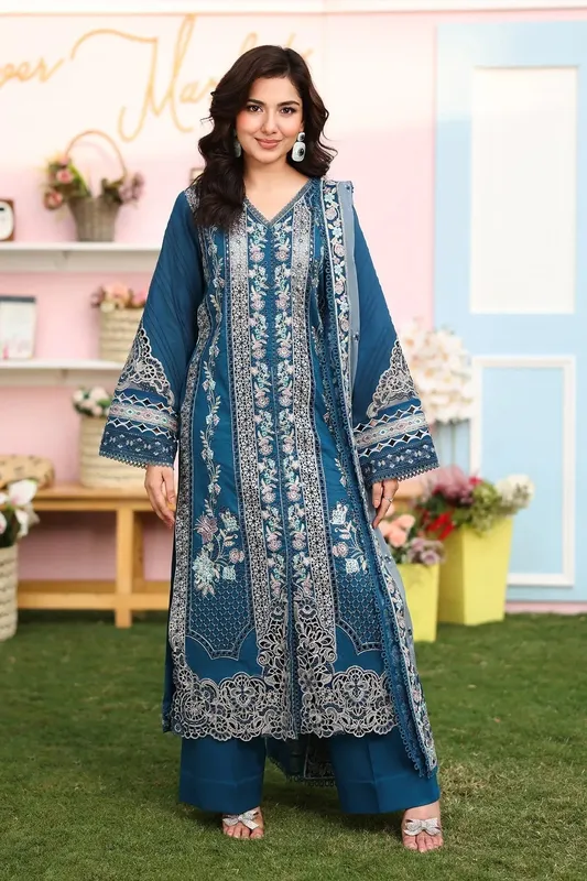 Imrozia Premium Hayam Luxury Lawn 25 Teal Blue Organza – view 1 – Poshaq
