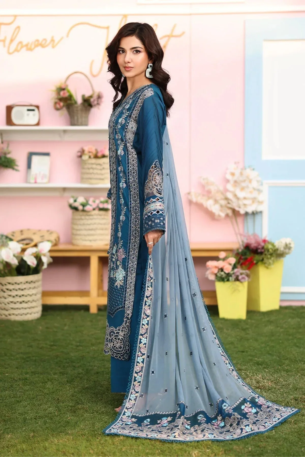 Imrozia Premium Hayam Luxury Lawn 25 Teal Blue Organza – view 2 – Poshaq
