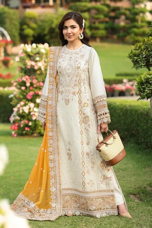 Imrozia Premium Hayam Luxury Lawn 25 Ivory Organza – view 1 – Poshaq