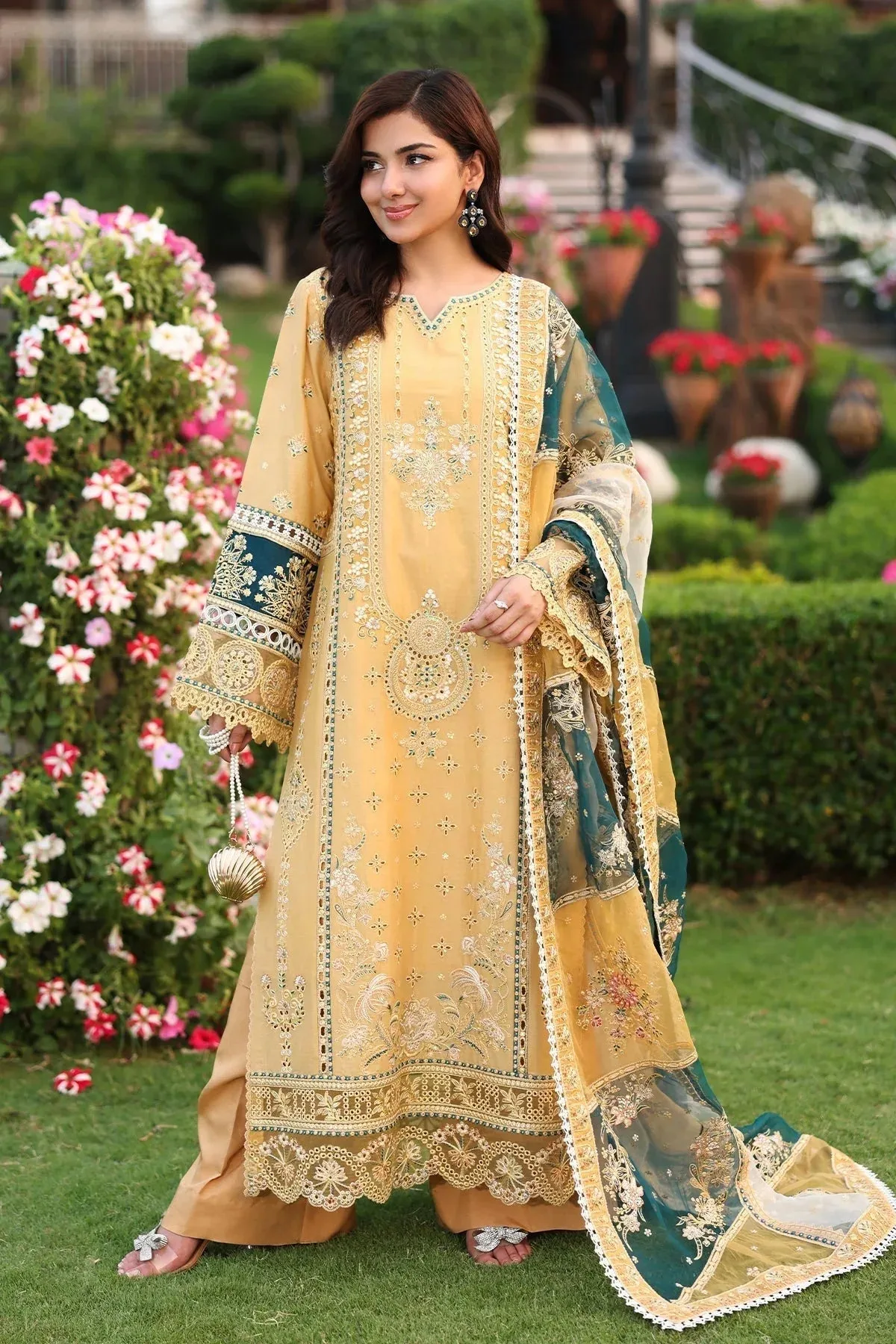 Imrozia Premium Hayam Luxury Lawn 25 Dust Yellow Organza – view 1 – Poshaq