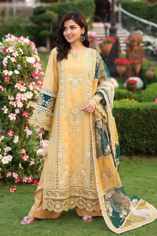 Imrozia Premium Hayam Luxury Lawn 25 Dust Yellow Organza – view 1 – Poshaq