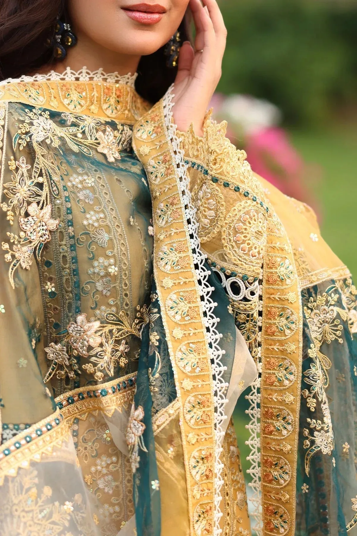 Imrozia Premium Hayam Luxury Lawn 25 Dust Yellow Organza – view 3 – Poshaq