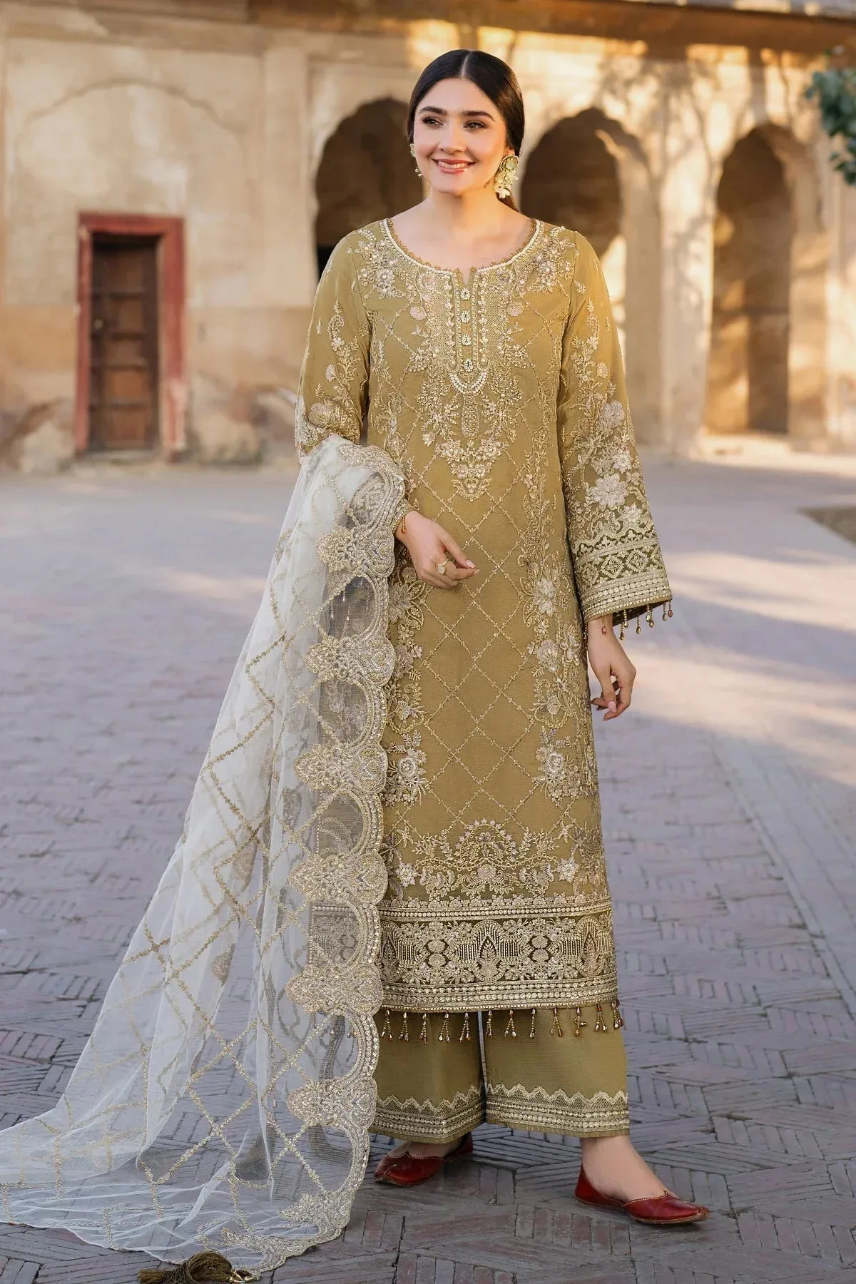 Imrozia Premium Meeras Luxury Eid 25 Mustard Organza β view 1 β Poshaq