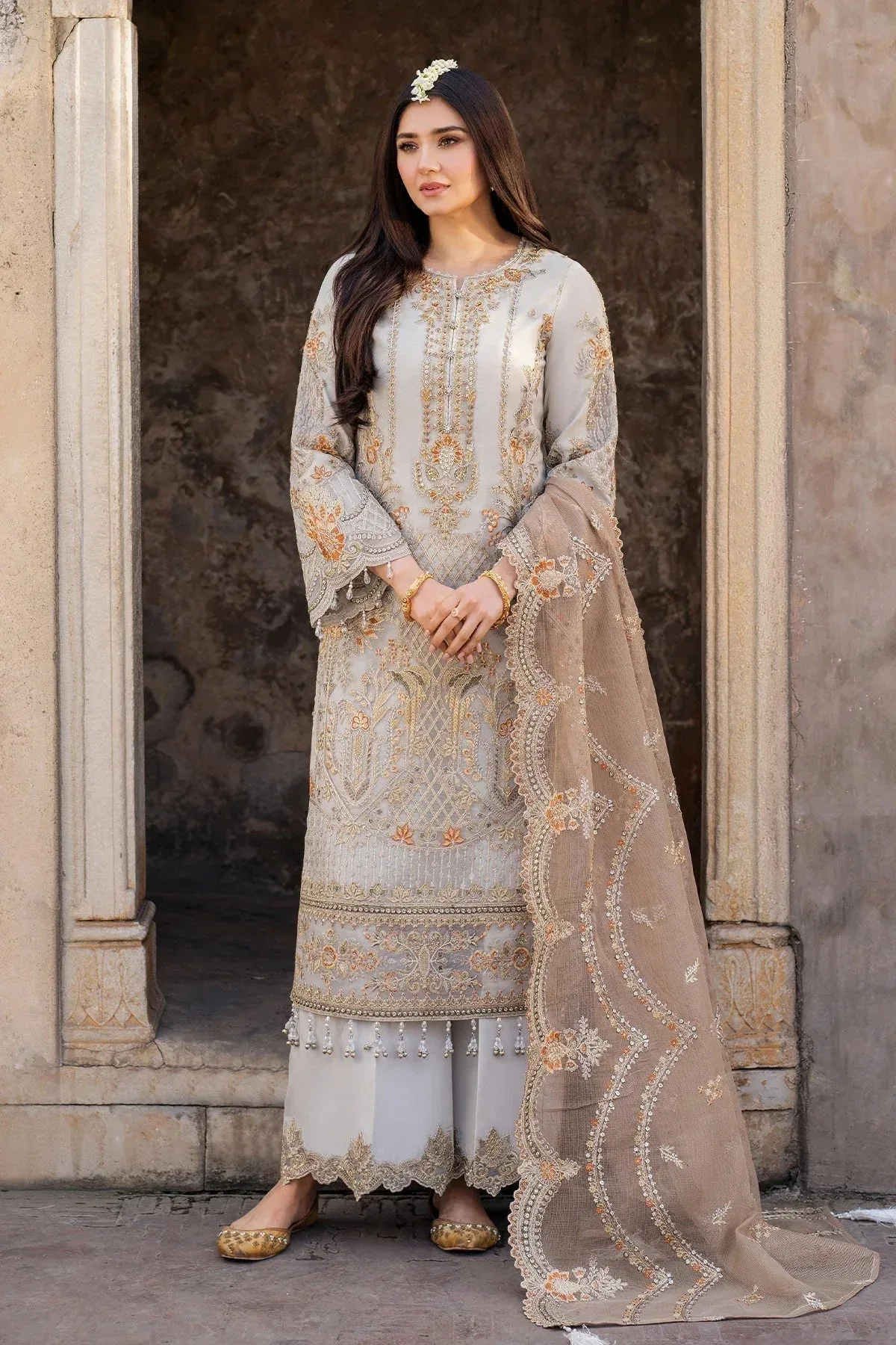 Imrozia Premium Meeras Luxury Eid 25 Grey Organza β view 1 β Poshaq