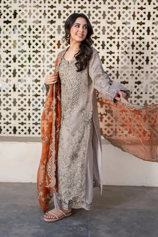Imrozia Premium Meeras Luxury Eid 25 Mouse Gray Raw Silk – view 1 – Poshaq