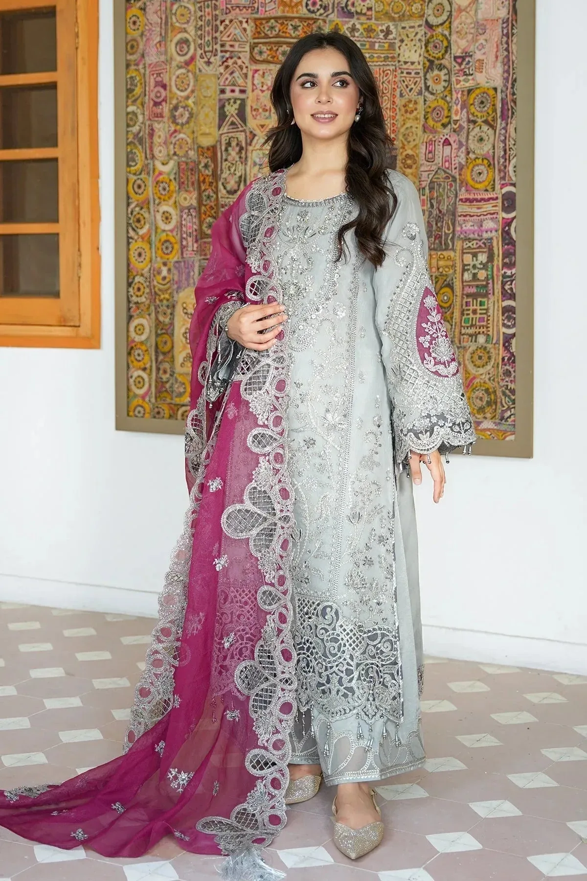 Imrozia Premium Meeras Luxury Eid 25 Pastel Gray Raw Silk – view 1 – Poshaq