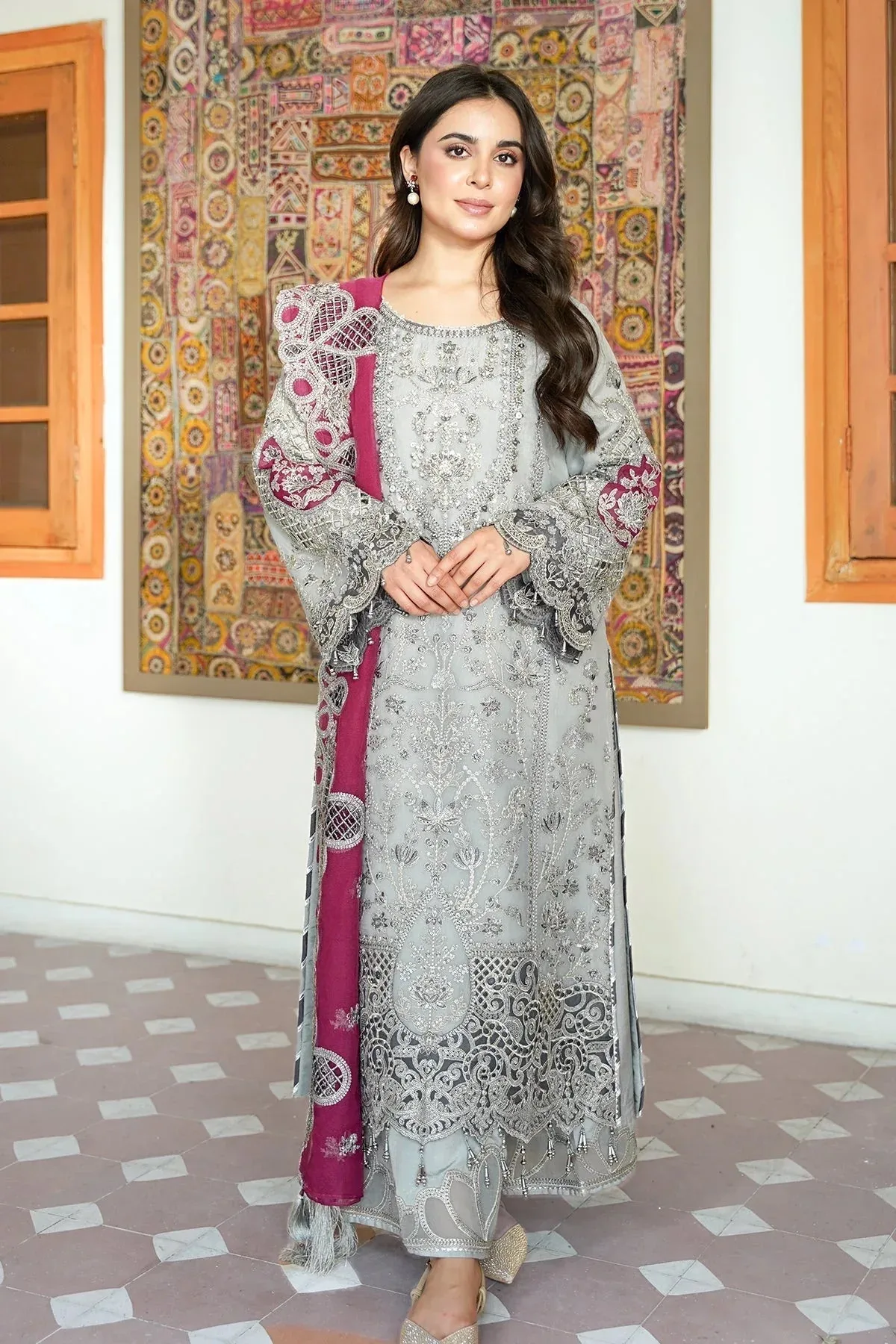 Imrozia Premium Meeras Luxury Eid 25 Pastel Gray Raw Silk – view 2 – Poshaq