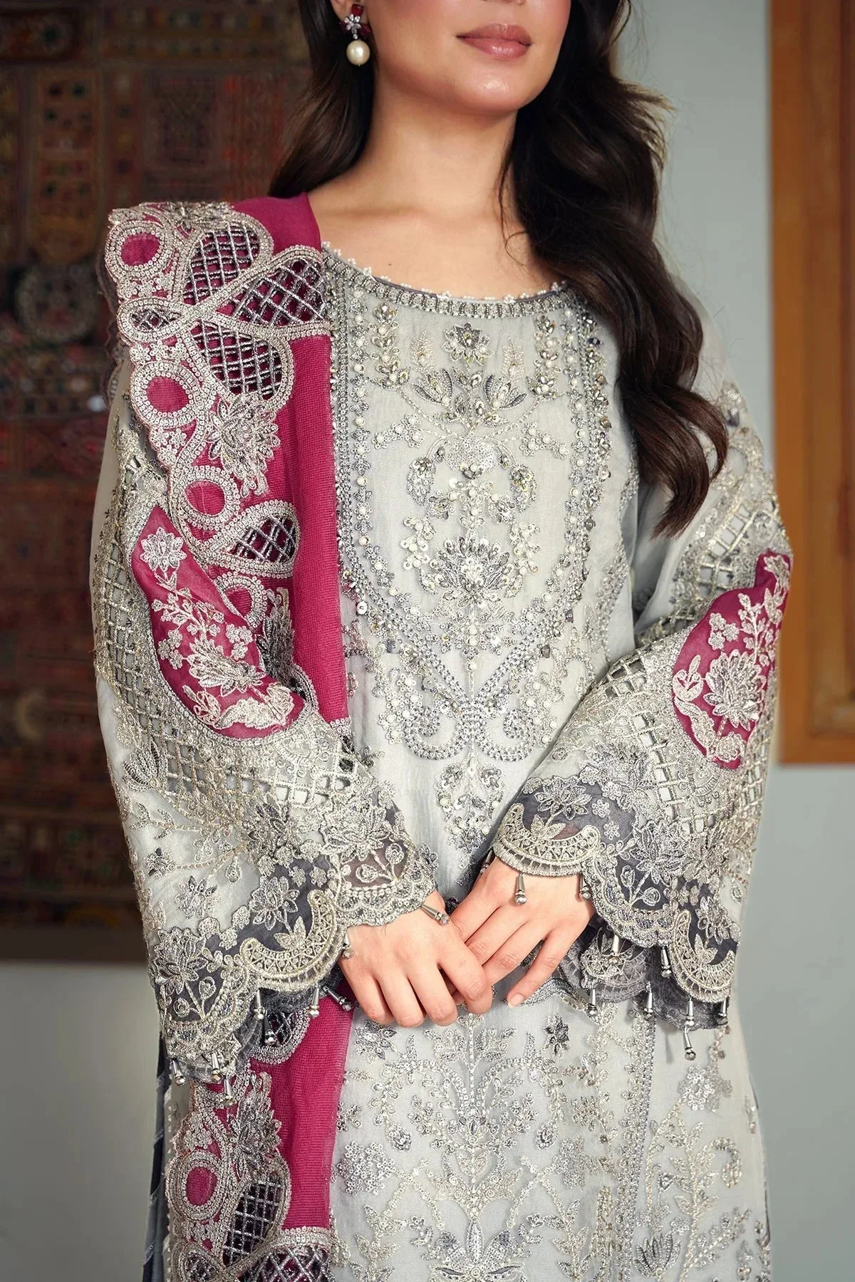 Imrozia Premium Meeras Luxury Eid 25 Pastel Gray Raw Silk – view 3 – Poshaq