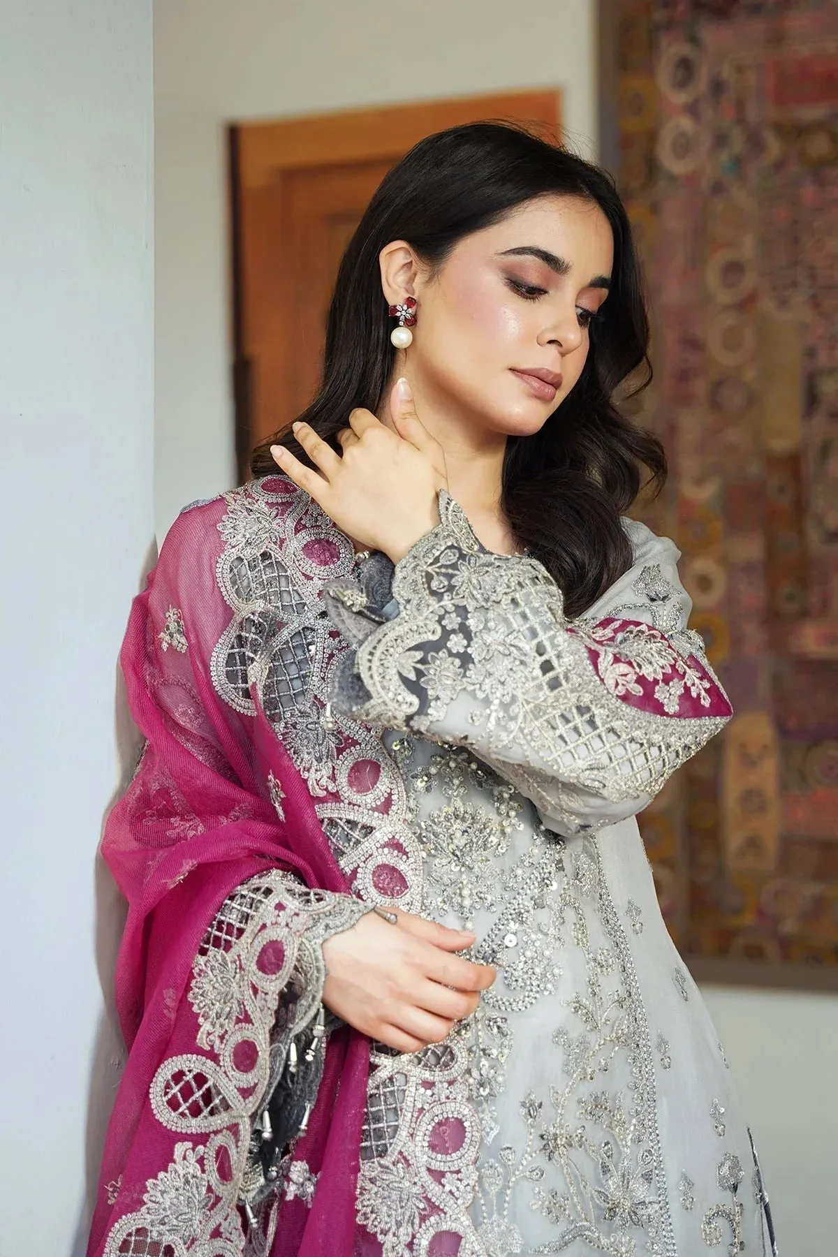 Imrozia Premium Meeras Luxury Eid 25 Pastel Gray Raw Silk – view 4 – Poshaq