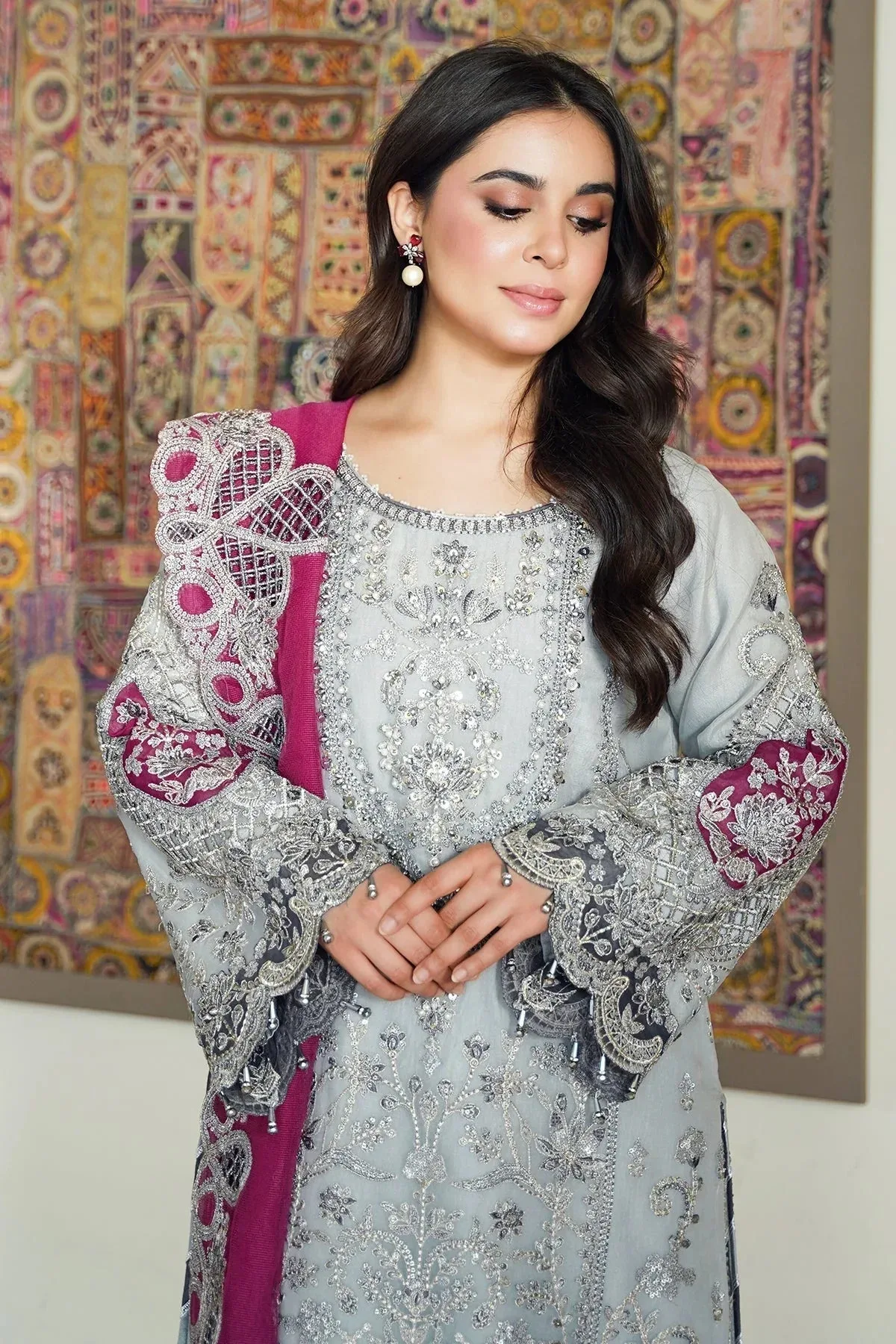 Imrozia Premium Meeras Luxury Eid 25 Pastel Gray Raw Silk – view 5 – Poshaq