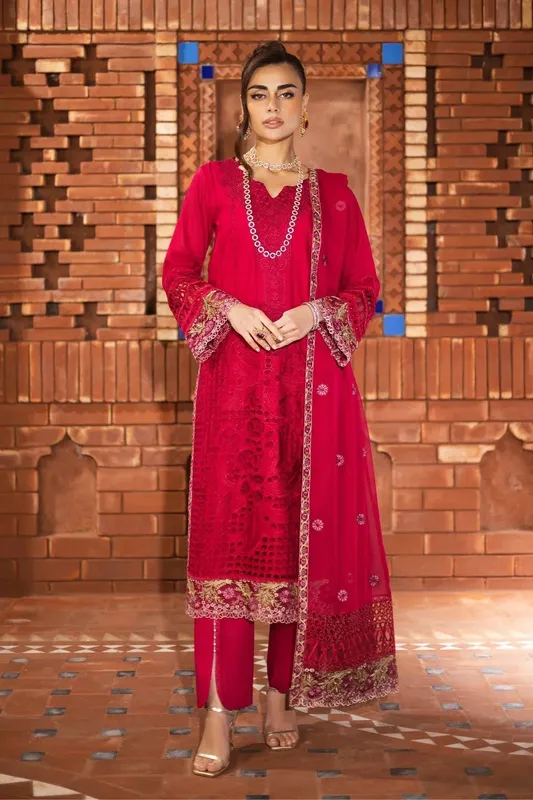 Imrozia Premium Naya Luxury Eid Edit pale red Georgette – view 1 – Poshaq