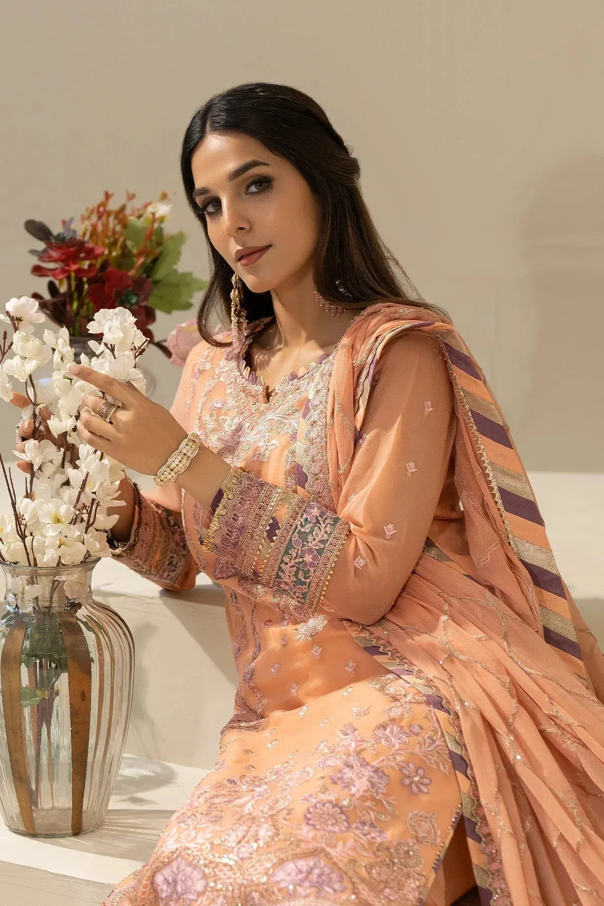 Imrozia Premium Nisha Collection Peach Raw Silk – view 4 – Poshaq