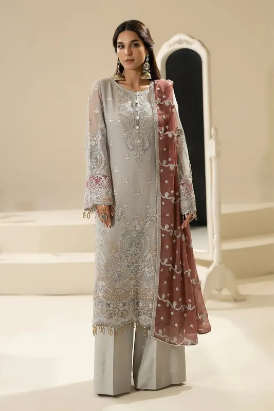 Imrozia Premium Nisha Collection Light Gray Raw Silk – view 1 – Poshaq