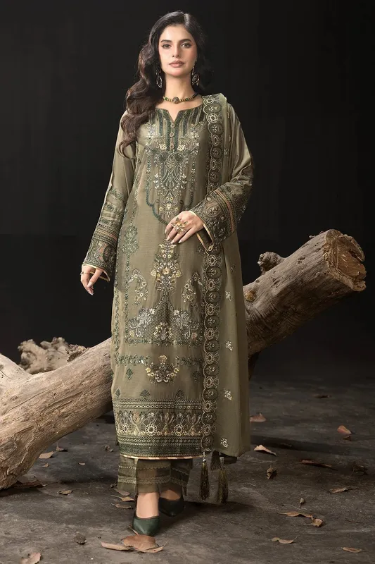 Imrozia Premium Gulzar e Dil Olive Haze Chiffon – view 1 – Poshaq
