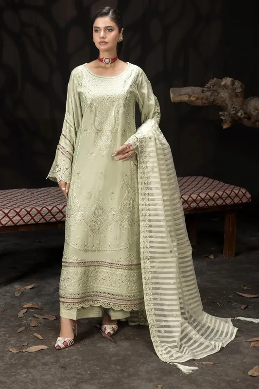 Imrozia Premium Gulzar e Dil Mint Gray Organza – view 1 – Poshaq