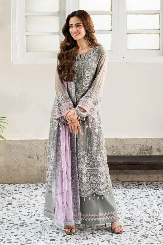 Imrozia Premium Noor Jahan Formals Grey Raw Silk – view 1 – Poshaq