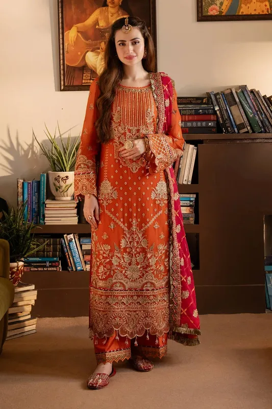 Imrozia Premium Noor Jahan Formals Orange Raw Silk – view 1 – Poshaq