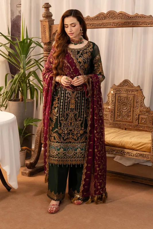 Imrozia Premium Noor Jahan Formals Green Raw Silk – view 1 – Poshaq