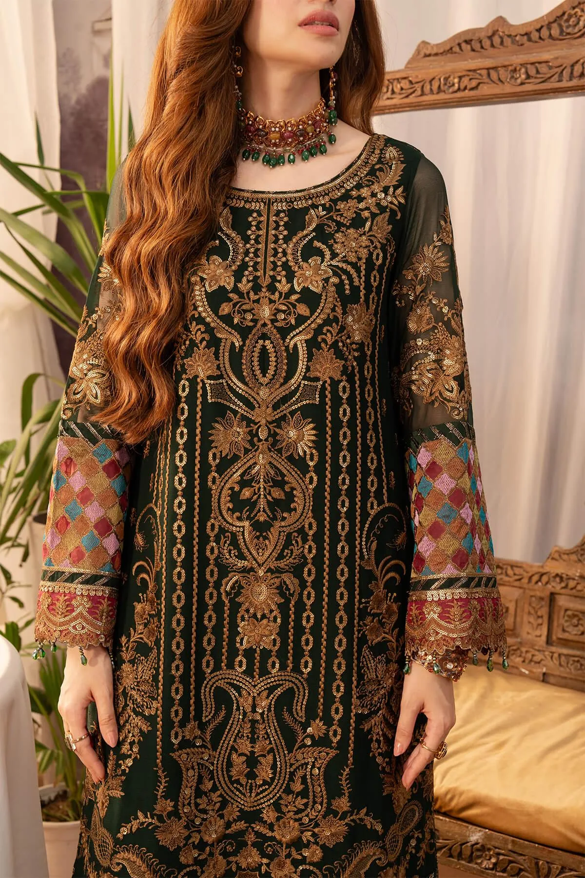 Imrozia Premium Noor Jahan Formals Green Raw Silk – view 3 – Poshaq