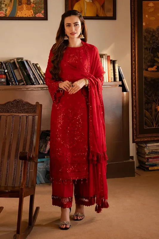 Imrozia Premium Noor Jahan Formals Red Raw Silk – view 1 – Poshaq