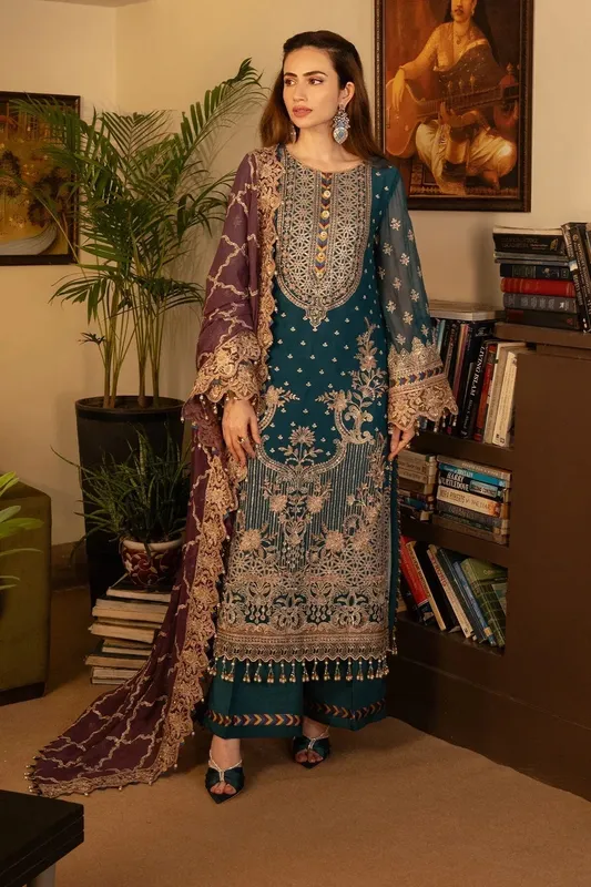 Imrozia Premium Noor Jahan Formals Teal Raw Silk – view 1 – Poshaq