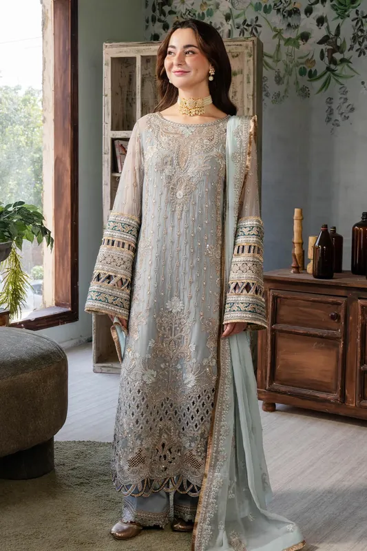 Imrozia Premium Naina Chiffon Blue Raw Silk – view 1 – Poshaq