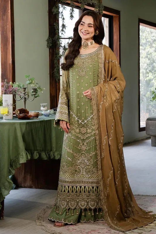 Imrozia Premium Naina Chiffon Green Raw Silk – view 1 – Poshaq