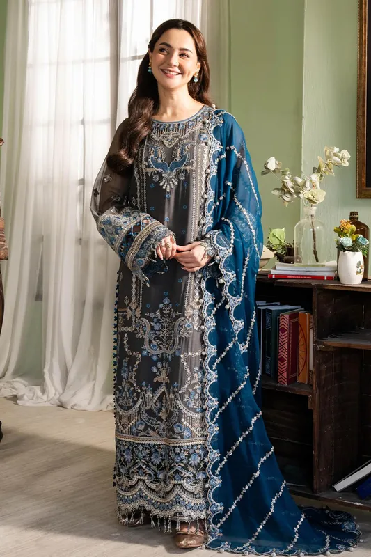 Imrozia Premium Naina Chiffon Blue Raw Silk – view 1 – Poshaq