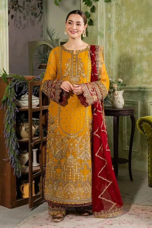 Imrozia Premium Naina Chiffon Mustard Raw Silk – view 1 – Poshaq