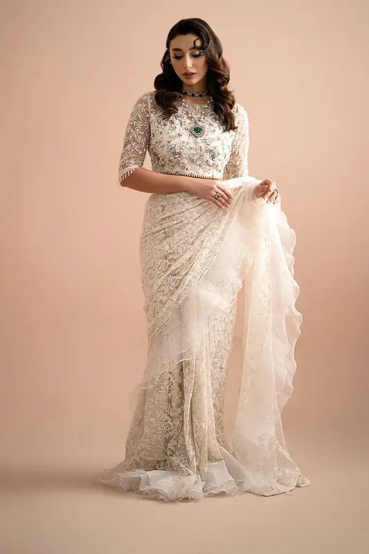 Imrozia Premium Lumiere Luxury Sarees White Organza – view 1 – Poshaq