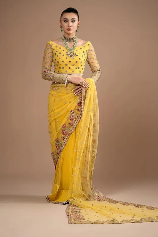 Imrozia Premium Lumiere Luxury Sarees Yellow Organza – view 1 – Poshaq