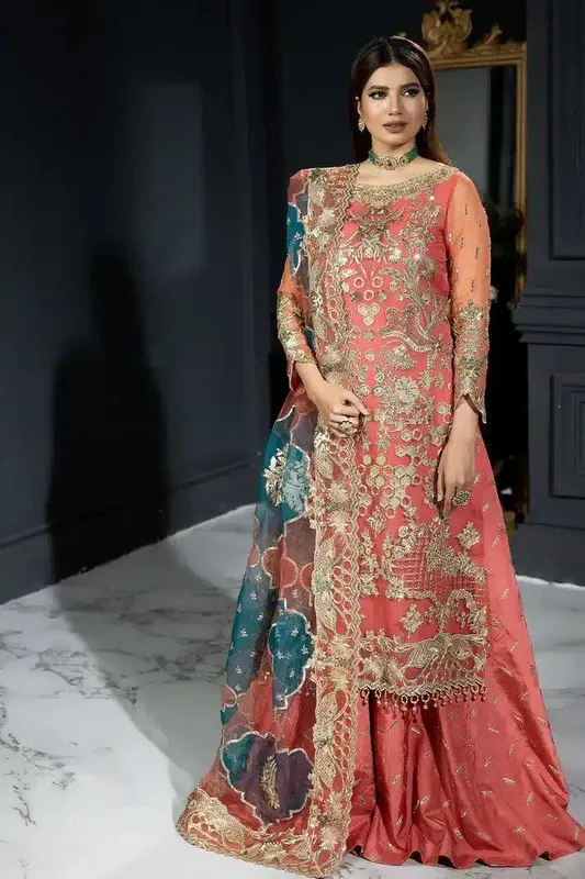 Imrozia Premium Andaaz e Khaas Bridals 23 Coral Raw Silk – view 1 – Poshaq
