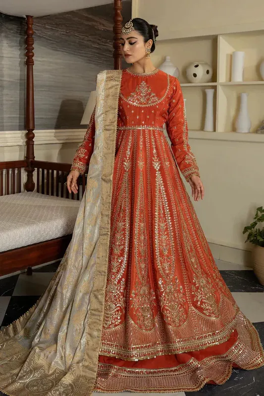 Imrozia Premium Jahaan Ara Wedding Formals 23 Rust Raw Silk – view 1 – Poshaq