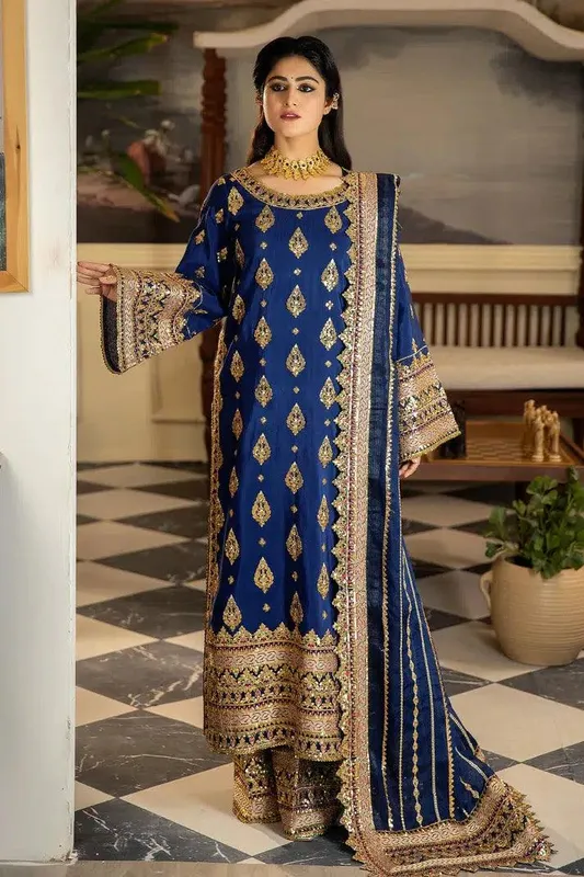 Imrozia Premium Jahaan Ara Wedding Formals 23 Blue Raw Silk – view 1 – Poshaq