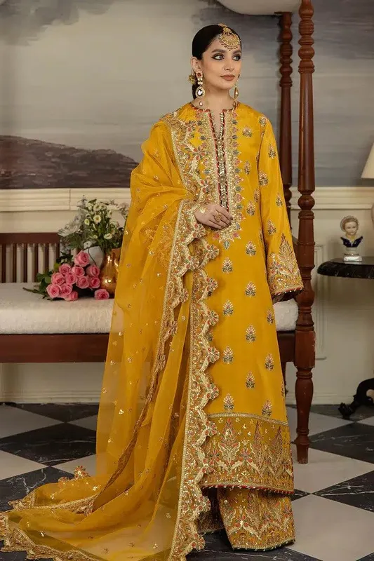 Imrozia Premium Jahaan Ara Wedding Formals 23 Mustard Raw Silk – view 1 – Poshaq