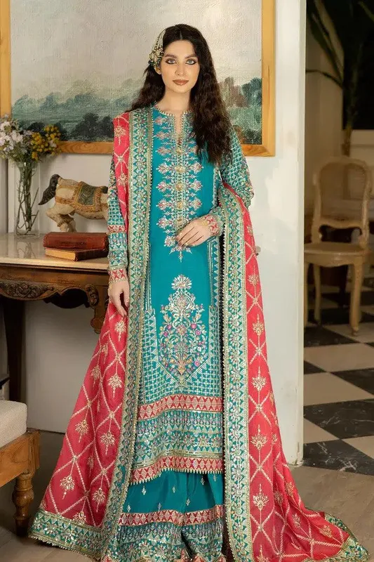 Imrozia Premium Jahaan Ara Wedding Formals 23 Teal Raw Silk – view 1 – Poshaq