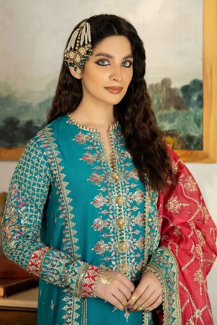 Imrozia Premium Jahaan Ara Wedding Formals 23 Teal Raw Silk – view 3 – Poshaq