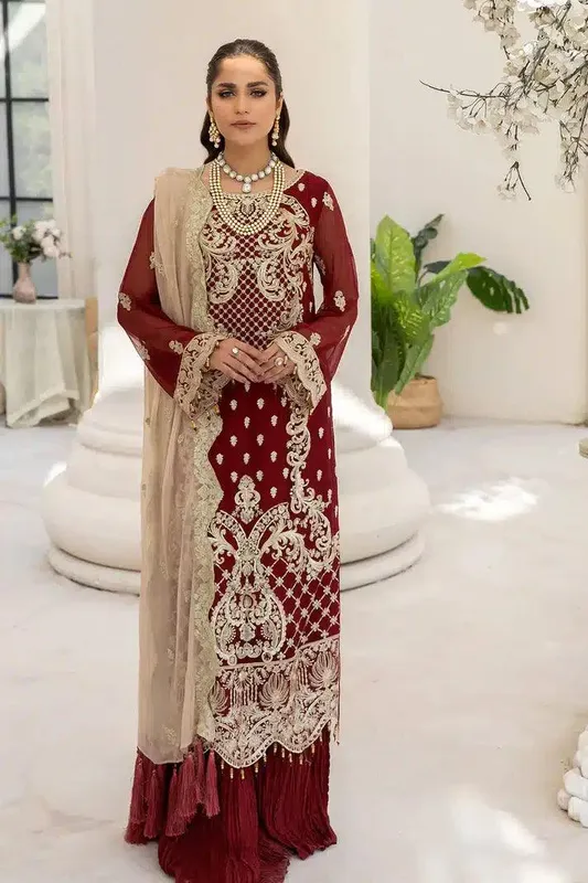 Imrozia Premium Naqsh Formals 23 Maroon Raw Silk – view 1 – Poshaq