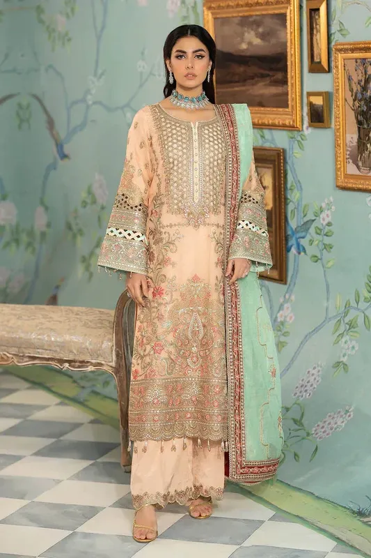 Imrozia Premium Baad e Saba Pret Luxury Eid Collection Peach Raw Silk – view 1 – Poshaq