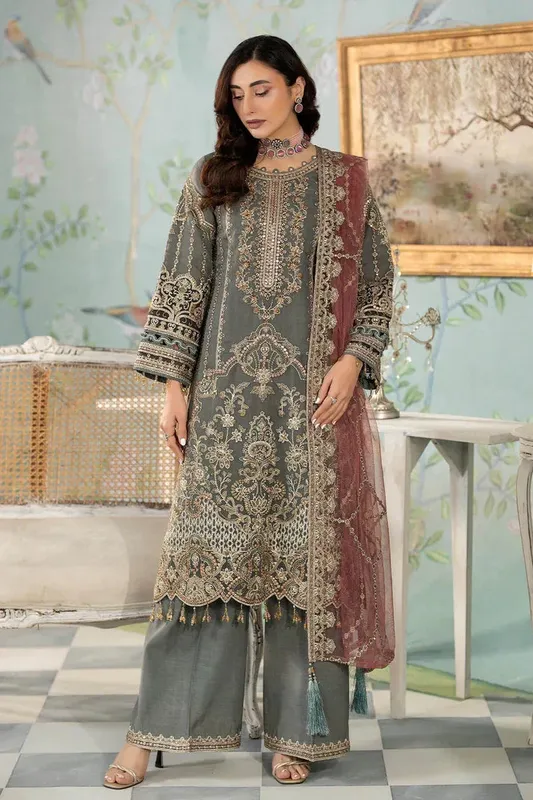 Imrozia Premium Baad e Saba Pret Luxury Eid Collection Grey Raw Silk – view 1 – Poshaq