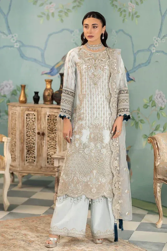 Grey formal three‑piece set with raw silk shirt, net dupatta and silk trousers – view 1 – Poshaq
